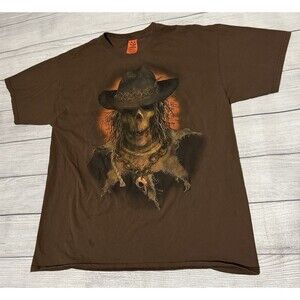 Men’s Scarecrow Happy Halloween T Shirt Cowboy Hat Spooky Size XL Brown Defect